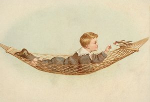 Chłopiec leżący w hamaku i karmiący ptaka (chromolitho) autorstwa European School