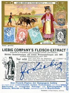 Bułgarskie znaczki pocztowe, awers i rewers karty promocyjnej Liebiga, 1897 autorstwa European School