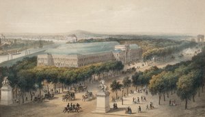 Pola Elizejskie i Pałac Przemysłu zbudowane na Wystawę Światową 1855, Paryż, Francja (kolorowa litografia) autorstwa European School