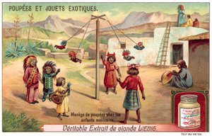 Dzieci w Meksyku bawiące się lalkami na karuzeli (chromolitho) autorstwa European School