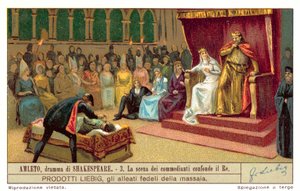 Klaudiusz reagujący na scenę przedstawiającą morderstwo Króla Gracza (chromolitho) autorstwa European School