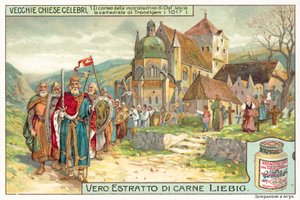 Procesja koronacyjna króla Norwegii Olafa II opuszczająca katedrę w Trondheim autorstwa European School