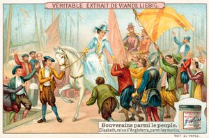 Elżbieta I z Anglii wśród marynarzy jej marynarki (chromolitho) autorstwa European School