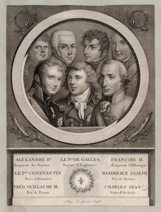 Europejska rodzina królewska początku XIX wieku: Car Rosji Aleksander I; Jerzy, książę Walii, regent króla Jerzego III; Franciszek II, Święty Cesarz Rzymski; Wielki Książę Rosji Konstanty Pawłowicz; Maksymilian Józef, król Bawarii i elektor Pa autorstwa European School