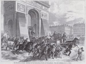 Uciekinierzy z bombardowania Neuilly przez armię francuską przechodzącą przez Łuk Triumfalny, Komuna Paryska, kwiecień 1871 (rycina) autorstwa European School