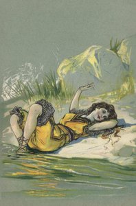 Dziewczyna leżąca na plaży lub brzegu rzeki (kolorowa litografia) autorstwa European School