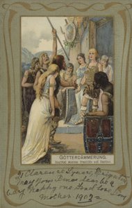 Gotterdammerung, Zygfryd przyjmuje Brunhildę i Gunthera (kolorowa litografia) autorstwa European School