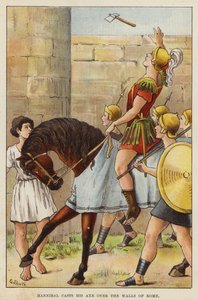Hannibal rzuca topór na mury Rzymu (chromolitho) autorstwa European School