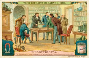 Hans Christian Oersted pokazuje swoim przyjaciołom odchylenie igły magnetycznej pod wpływem prądu elektrycznego, 1820 autorstwa European School