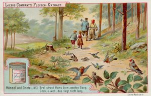 Jaś i Małgosia: Ptaki jedzące ślad bułki tartej pozostawionej przez Jaś, aby znaleźć drogę do domu (chromolitho) autorstwa European School