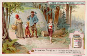Jaś i Małgosia: Jaś zostawiający ślad kamyków, aby znaleźć drogę do domu (chromolitho) autorstwa European School