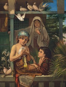 Jezus Chrystus i Jan Chrzciciel jako chłopcy z Matką Boską (kolorowy grawerunek) autorstwa European School