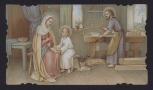 Jezus Chrystus jako chłopiec z matką Marią w stolarni Józefa (chromolitho) autorstwa European School