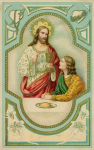 Jezus Chrystus błogosławiący mężczyznę przyjmującego Komunię Świętą (chromolitografia) autorstwa European School