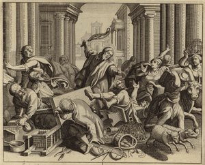 Jezus Chrystus wyprowadza wymieniających pieniądze ze świątyni (rycina) autorstwa European School
