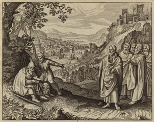 Jezus Chrystus przywracający wzrok ślepemu żebrakowi (rycina) autorstwa European School