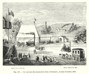 Konkurs lokomotyw, który odbył się w Liverpoolu, październik 1829 (grafika) autorstwa European School