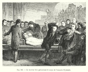 Doktor Ure galwanizuje ciało zabójcy Clydesdale (grawerowanie) autorstwa European School