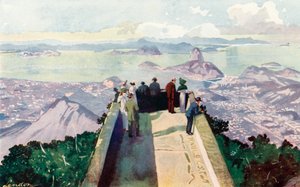 Spojrzenie w dół ze wschodniej krawędzi szczytu Corcovado, 2,300 stóp (kolorowa litografia) autorstwa European School