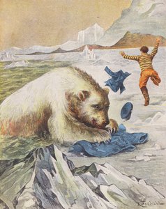Mężczyzna uciekający przed atakiem niedźwiedzia polarnego (kolorowa litografia) autorstwa European School