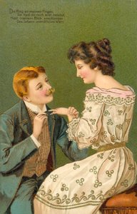 Mężczyzna proponujący małżeństwo młodej kobiecie, wkładający pierścionek na jej palec (kolorowa litografia) autorstwa European School