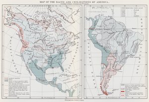 Mapa ras i cywilizacji Ameryki (kolorowa litografia) autorstwa European School