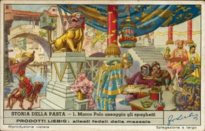 Marco Polo próbujący spaghetti w Chinach (chromolitho) autorstwa European School