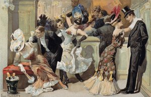Bal maskowy z mężczyznami i kobietami pijącymi szampana (chromolitho) autorstwa European School