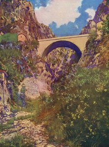 Menton, Le Pont St-Louis (kolorowa litografia) autorstwa European School