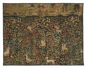 Fragment gobelinu Mille fleurs przedstawiający zwierzęta, ptaki i krajobraz, ok. 1500 r. (wełna) autorstwa European School