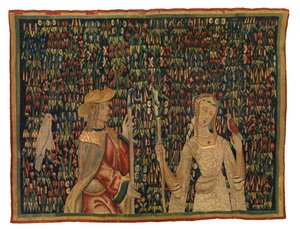 Fragment gobelinu Mille Fleurs przedstawiający pasterza i pasterkę lub damę i młodzieńca (wełna i jedwab) autorstwa European School