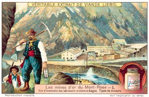 Górnicy i budynki kopalniane w kopalniach złota Monte Rosa, Włochy (chromolitho) autorstwa European School
