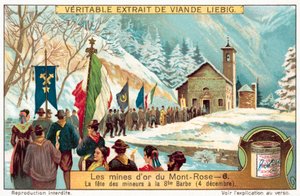 Górnicy kopalni złota Monte Rosa obchodzący święto św. Barbary, patronki górników (chromolitho) autorstwa European School