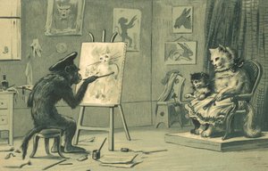 Małpa malująca portret kota i kotki (litografia) autorstwa European School