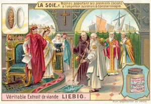 Mnisi przynoszący pierwsze jedwabne kokony cesarzowi Justynianowi w Konstantynopolu (chromolitho) autorstwa European School