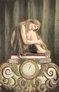 Portret dziewczyny siedzącej nad zegarem (kolorowa litografia) autorstwa European School