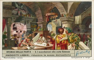 Przygotowywanie makaronu w kuchni dworu Este, Włochy (chromolitografia) autorstwa European School