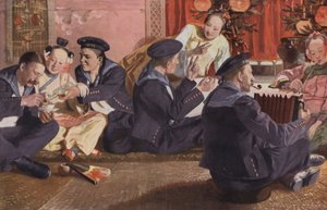 Marynarze w chińskiej herbaciarni (kolorowa litografia) autorstwa European School