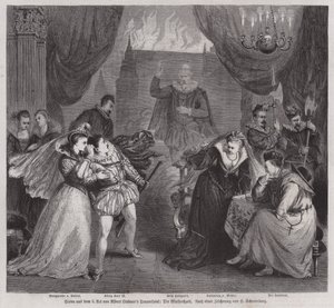 Scena z III aktu tragedii niemieckiego dramaturga Alberta Lindnera Die Bluthochzeit (Krwawe wesele) (rycina) autorstwa European School