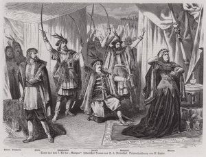 Scena z III aktu dramatu historycznego „Maryna” niemieckiego dramaturga Salomona Hermanna Mosenthala (rycina) autorstwa European School