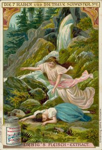 Scena z baśni braci Grimm Siedem kruków (chromolitografia) autorstwa European School
