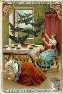 Scena z baśni braci Grimm Siedem kruków (chromolitografia) autorstwa European School