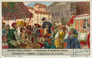 Konfiskata spaghetti pochodzącego z nielegalnego handlu, Rzym (chromolitho) autorstwa European School