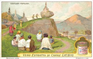 Syjamscy buddyści modlący się w balansującej skalnej świątyni (chromolitho) autorstwa European School