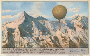 Szwajcarski baloniarz Eduard Spelterini lecący nad Alpami (chromolitho) autorstwa European School