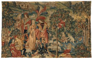Gobelin przedstawiający scenę pasterską ze zbieraniem owoców lub Seigneur w swoim parku lub Sojuszu Wiejskim i zbieraniu owoców, ok. 1500 r. (wełna i jedwab) autorstwa European School