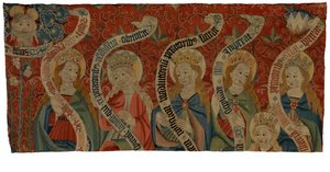 Fragment gobelinu przedstawiający Wszechmogącego i sześć świętych kobiet, prawdopodobnie z antepedium, koniec XV w. (wełna) autorstwa European School