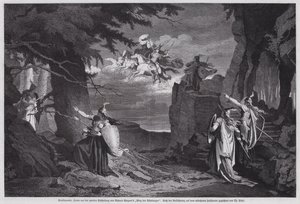 Jazda Walkirii, scena z Die Walkure, drugiej opery Der Ring des Nibelungen Richarda Wagnera, wystawiona w Teatrze Narodowym w Monachium (rycina) autorstwa European School