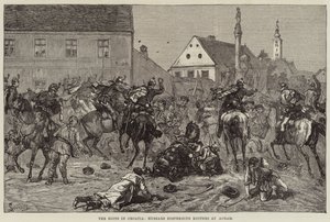 Zamieszki w Chorwacji, husaria rozpraszająca buntowników w Agram (rycina) autorstwa European School