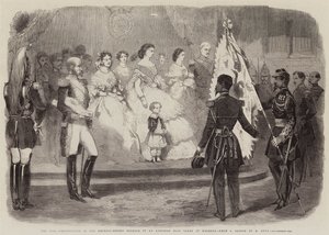 Wojna, prezentacja cesarzowej-regentce Eugenii flagi austriackiej podjętej w Magenta (grawerowanie) autorstwa European School
